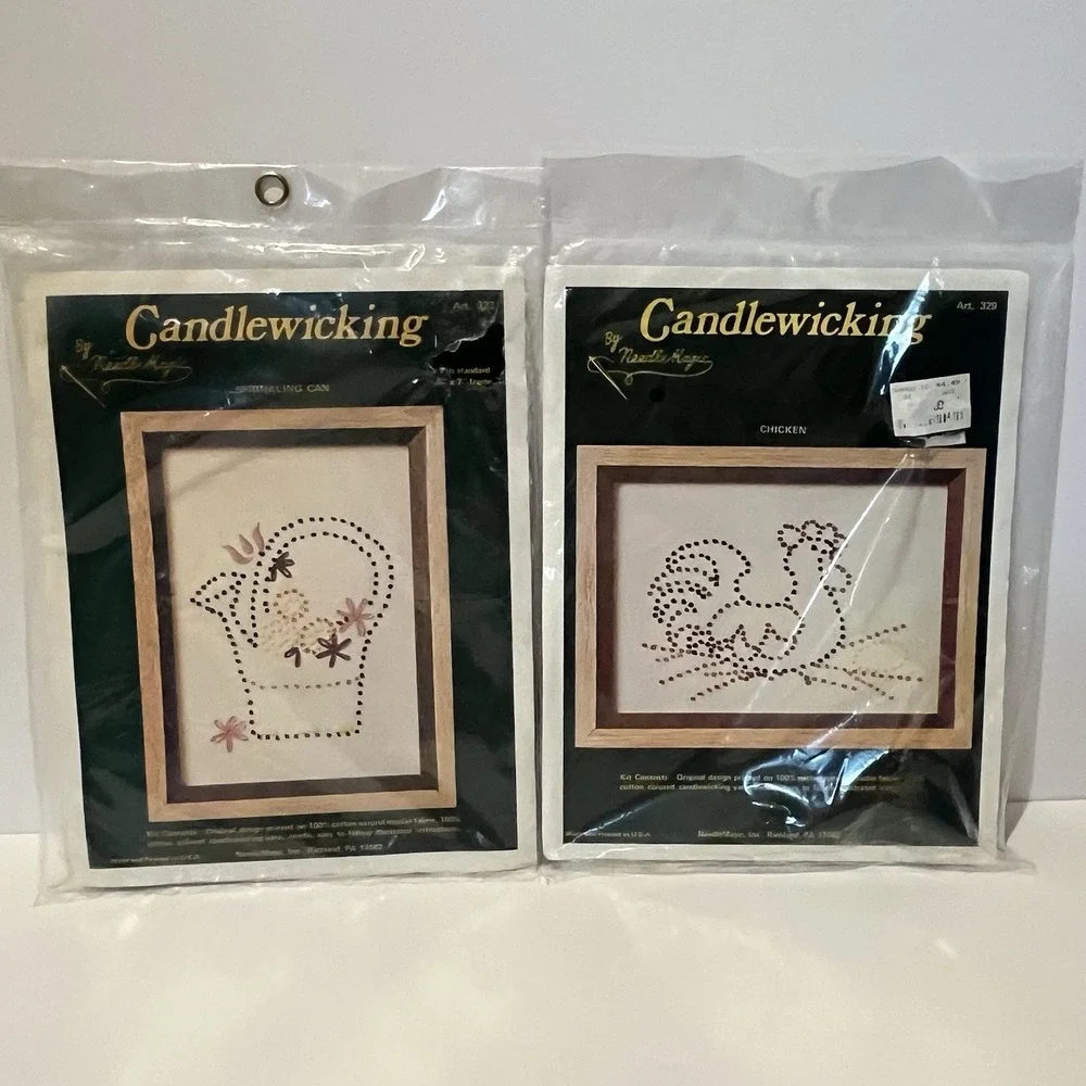 2 VTG Needle‎ Magic Embroidery Candlewicking Kits Chicken Sprinkling Can Cottage